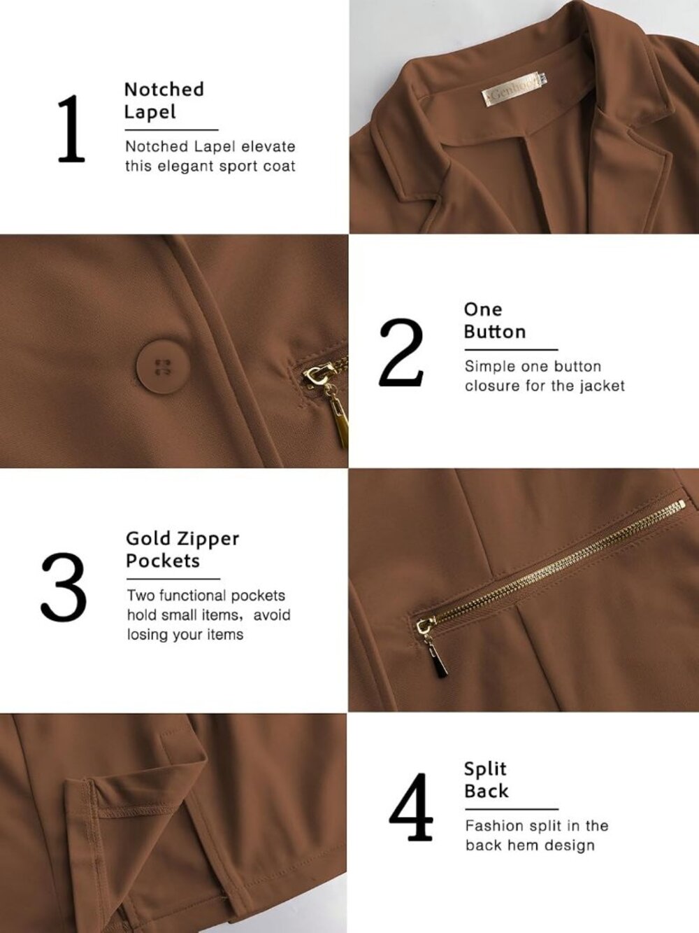 Women's Dark Brown Stretch Long Sleeve Single Button Gold Zipper Pockets Jacket - Picture 6 of 6